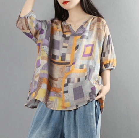 Plus Size Loose Artistic Short-sleeved Blouse Trendy V-neck Irregular Pattern Print Casual Thin T-shirt - Trendha