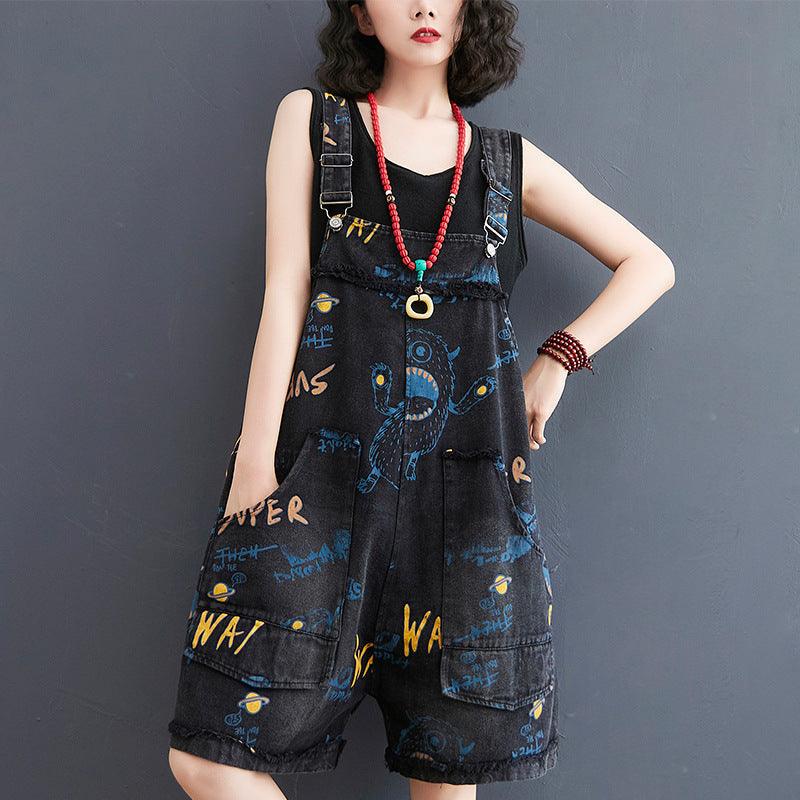 Retro Fashion Print Loose Denim Strap Shorts For Women - Trendha
