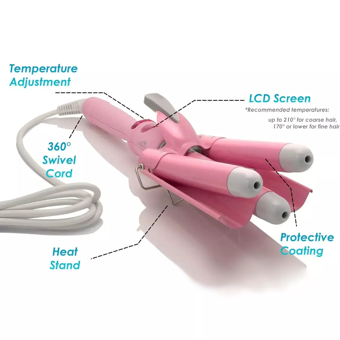 Wave Ceramic Triple Barrel Curling Iron Wand with LCD Display