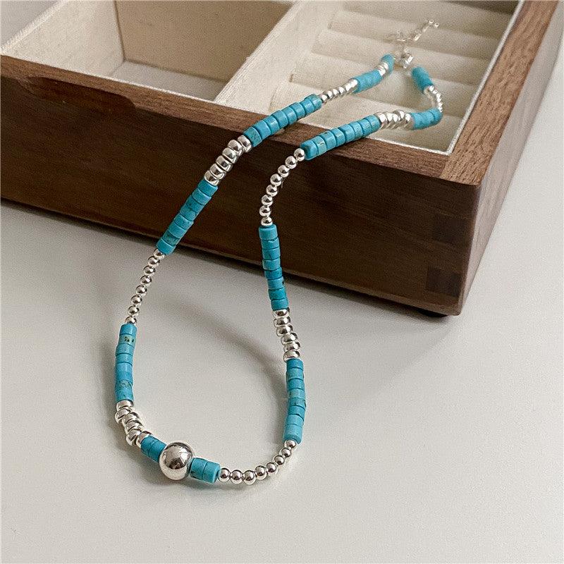 S925 Sterling Silver Turquoise Silver Bead Necklace Handmade - Trendha