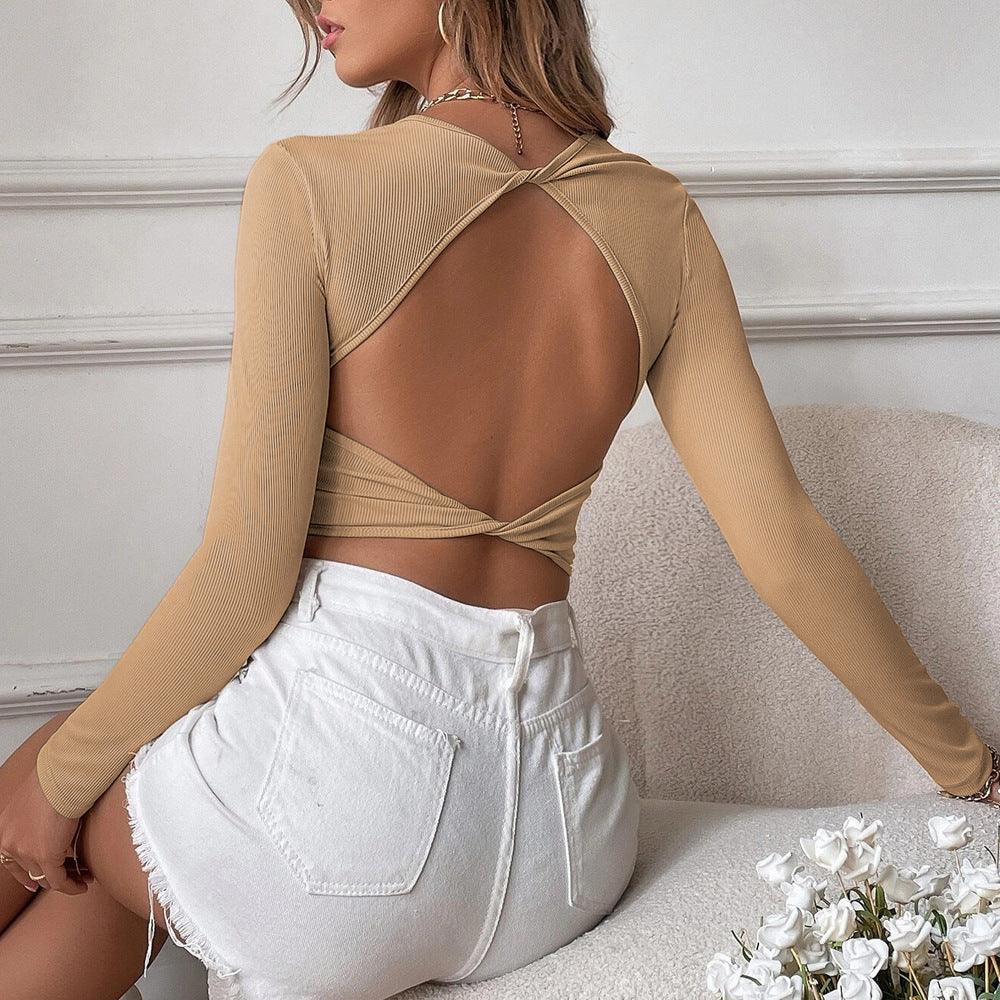 Sexy Backless Casual Short Slim Knit Long Sleeve T-shirt Top As A Base To Wear - Trendha