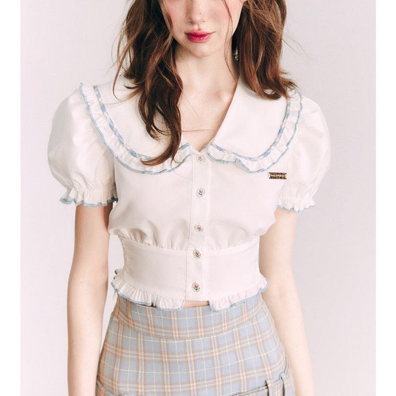 Small Shirt Puff Sleeve Navy Style French Style Peter Pan Collar Short Sleeve - Trendha