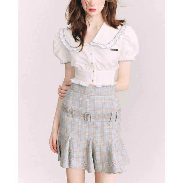 Small Shirt Puff Sleeve Navy Style French Style Peter Pan Collar Short Sleeve - Trendha