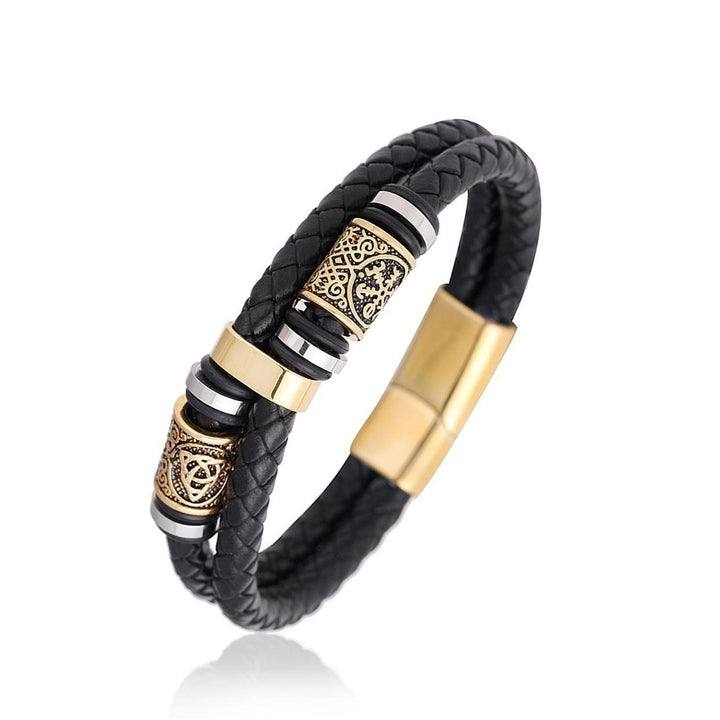 Stainless Steel Gold Double Bar Leather Hand Braided Bracelet - Trendha