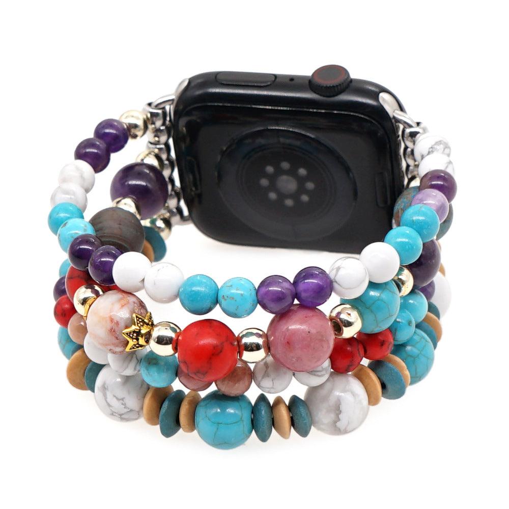 White Pine Turquoise Amethyst Gold Bead Watch Strap - Trendha