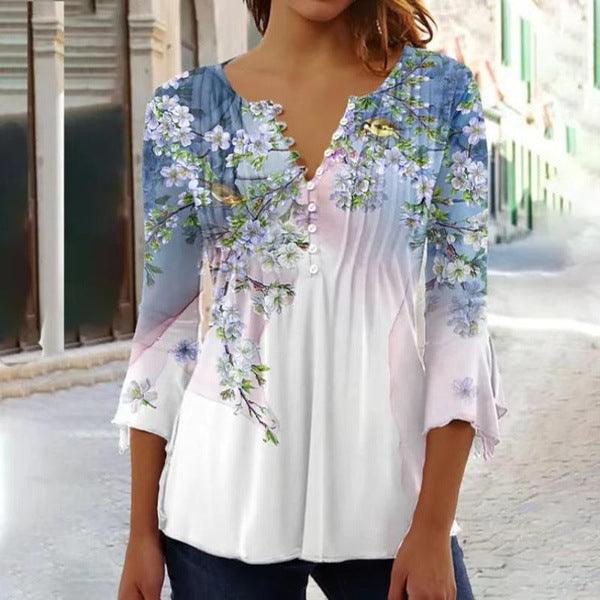 Women's Floral Printed V-neck Short Sleeve Button T-shirt - Trendha