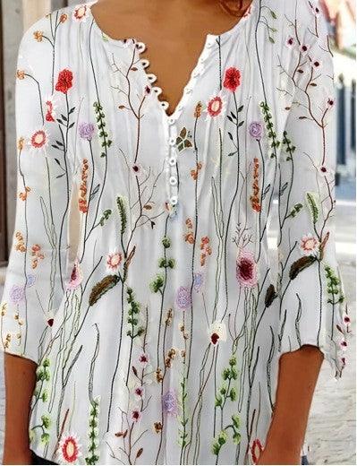 Women's Floral Printed V-neck Short Sleeve Button T-shirt - Trendha