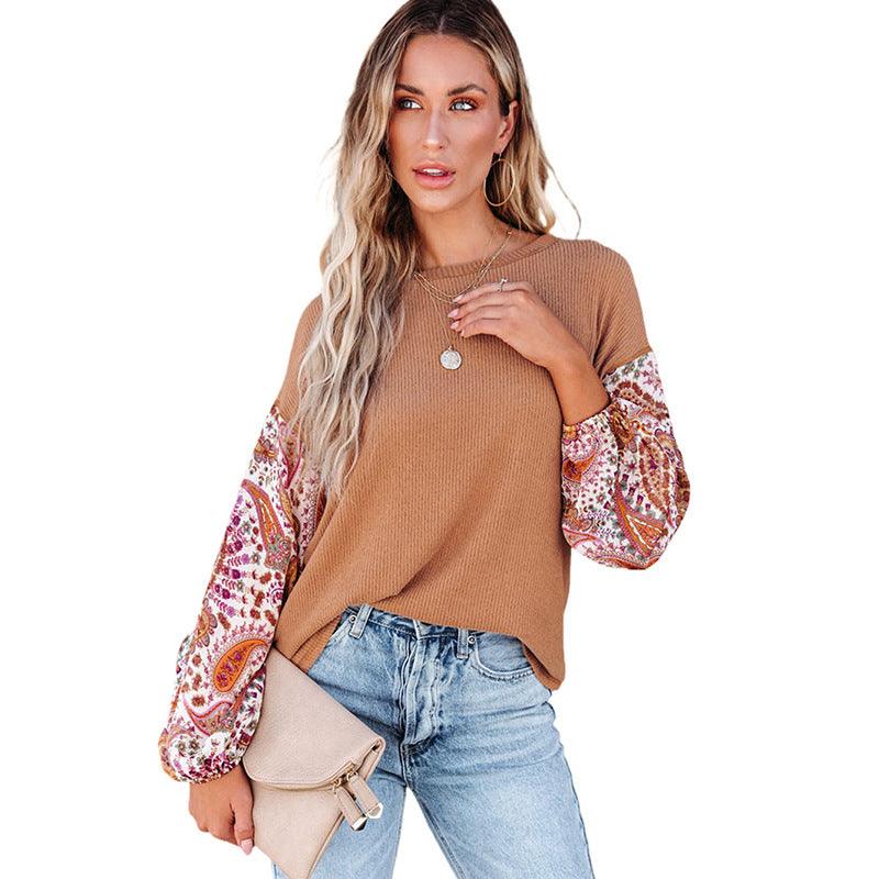 Women's Long Sleeve Printed Round Neck Pullover Loose Top - Trendha