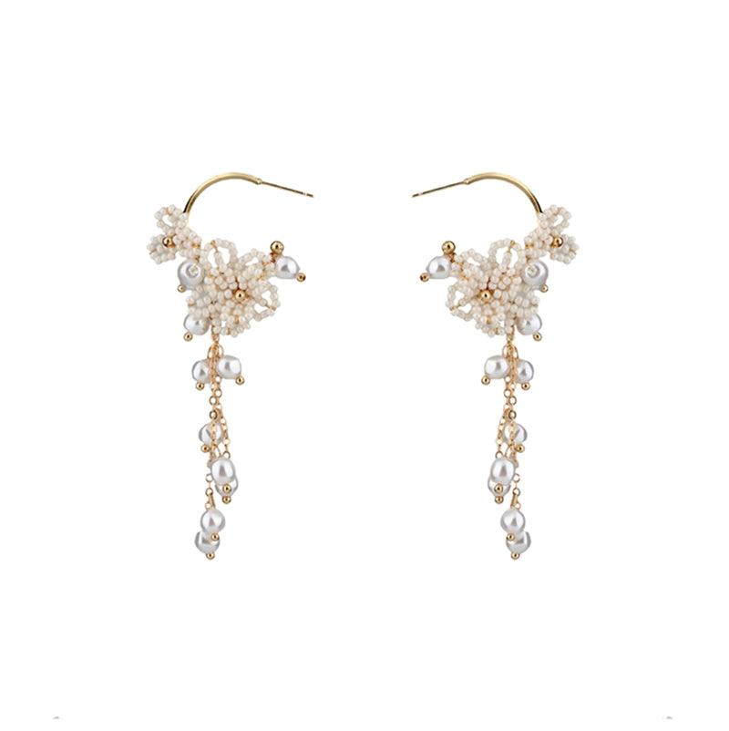 Women's Rice Pearl Flower Tassel Earrings - Trendha