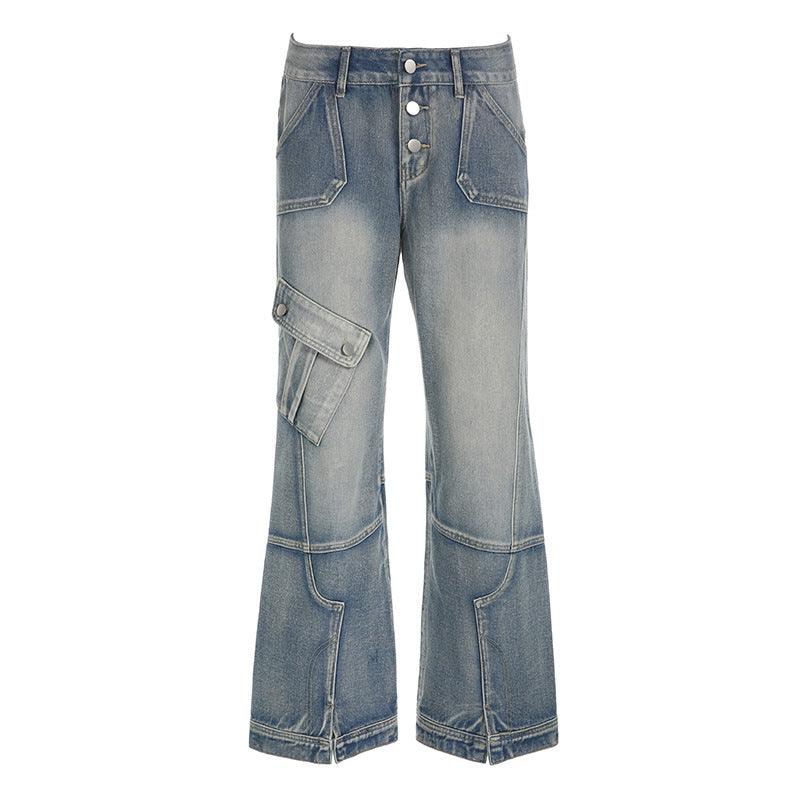 Women's Single-breasted Loose Distressed Split Line Design Jeans - Trendha