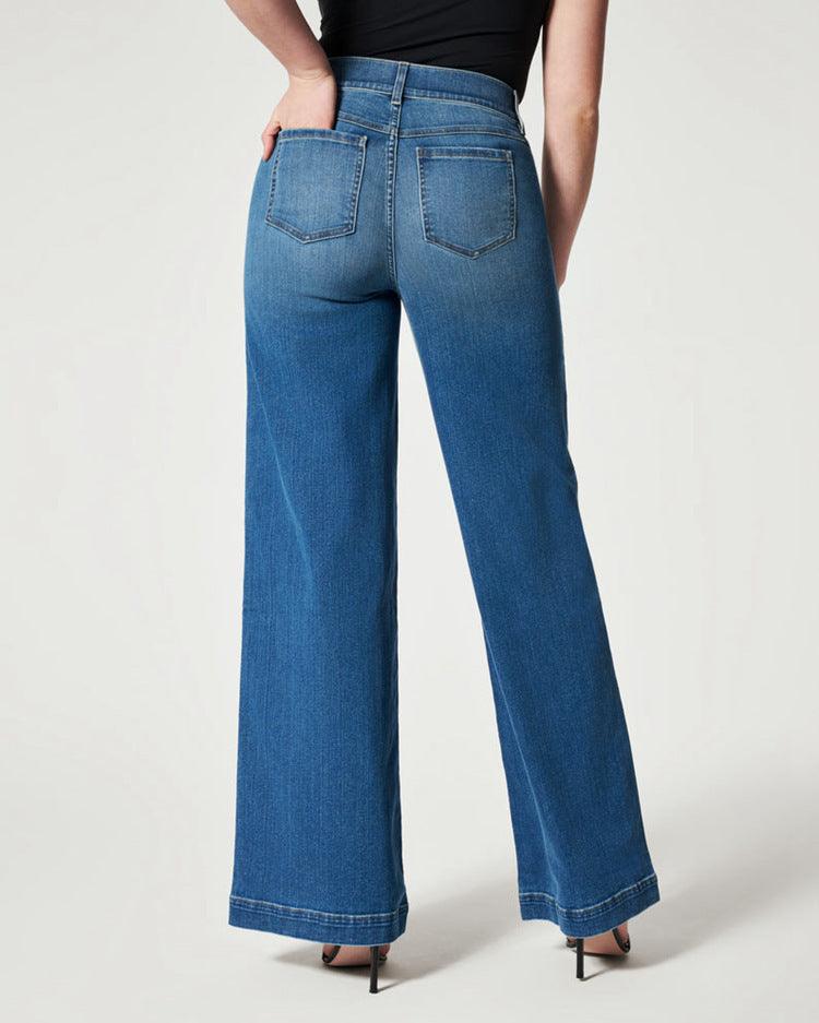 Women's Straight Jeans Mid Waist Wide Leg Pants High Elastic Waist Trousers - Trendha