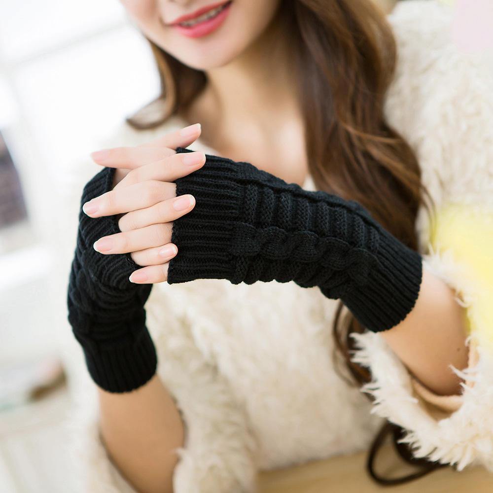 Female Wool Knit Half Finger Typing Diamond Finger Glove - Trendha