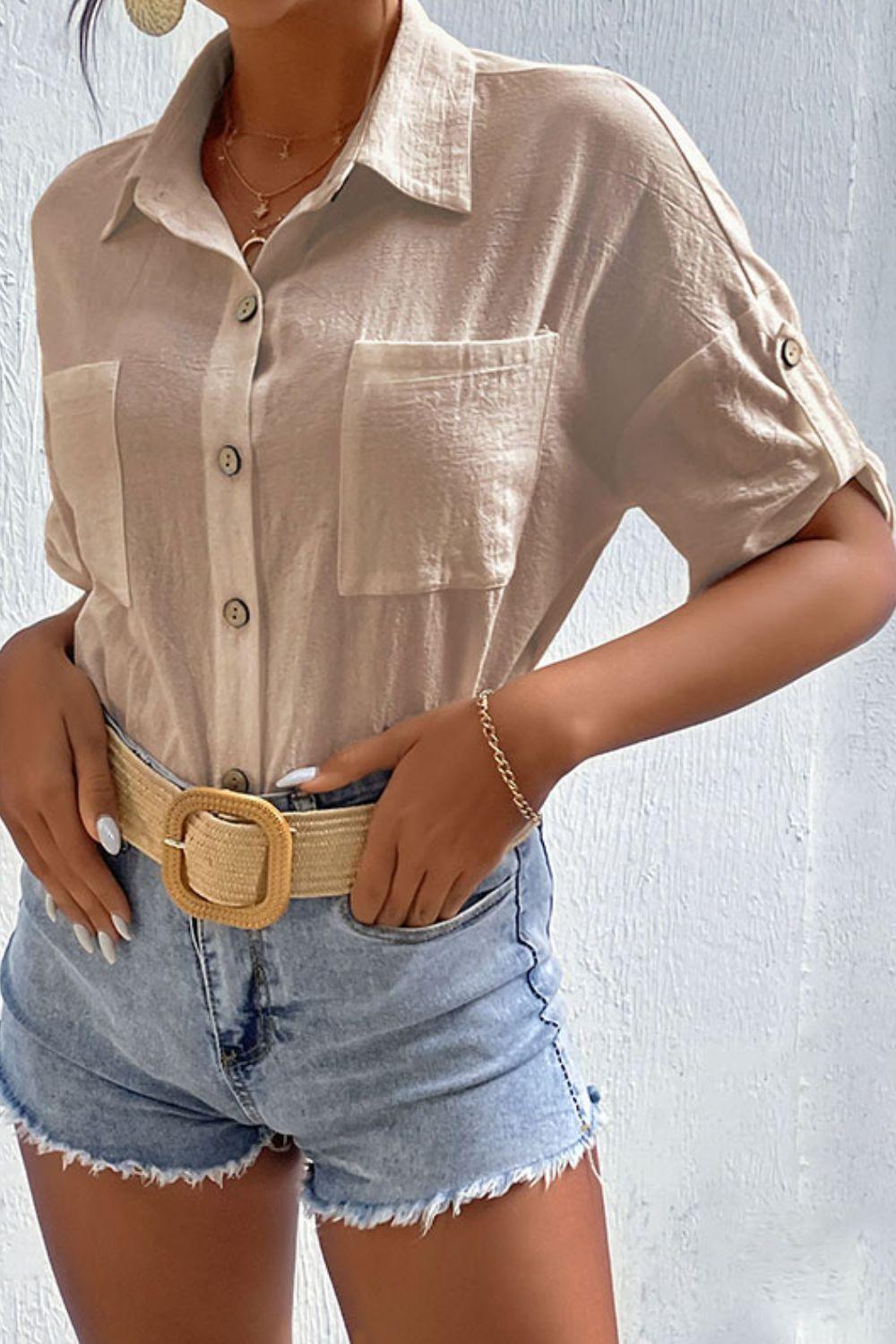Roll-Tab Sleeve Shirt with Pockets - Trendha