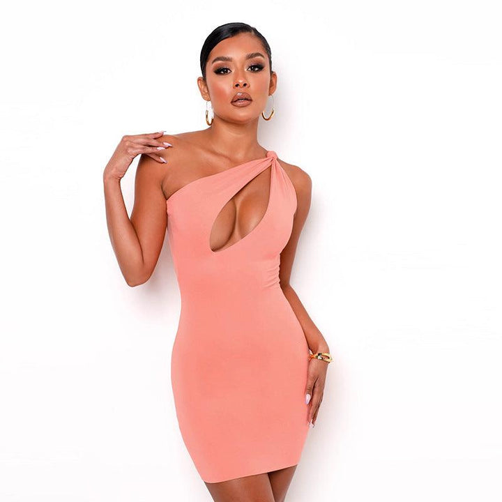 Solid Color One-shoulder Sleeveless Hollow Dress - Trendha