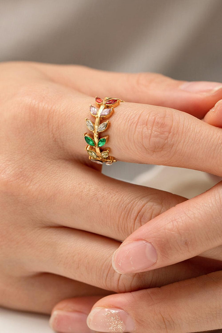 Zircon 18K Gold-Plated Leaf Open Ring - Trendha