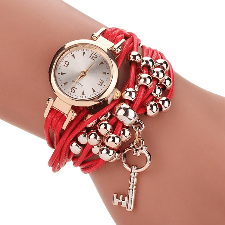 Gold Case Colorful Leather Beading Strap Ladies Dress Women Bracelet Wristband Quartz Watch - Trendha