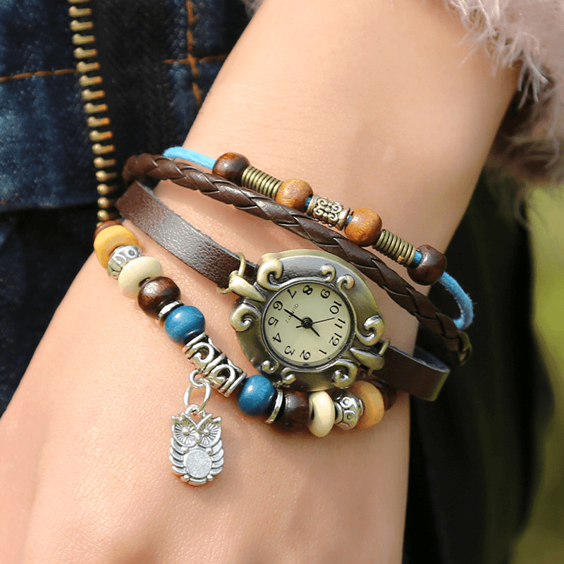 Retro Style Vintage Braided Quartz Watch Atmospheric Beaded Leather Owl Pendant Bracelet Watch - Trendha