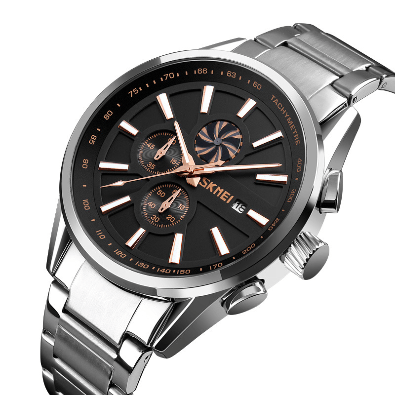 SKMEI 9175 Multifunction Calendar Business Style Men Wrist Watch Steel Band Quartz Watch - Trendha