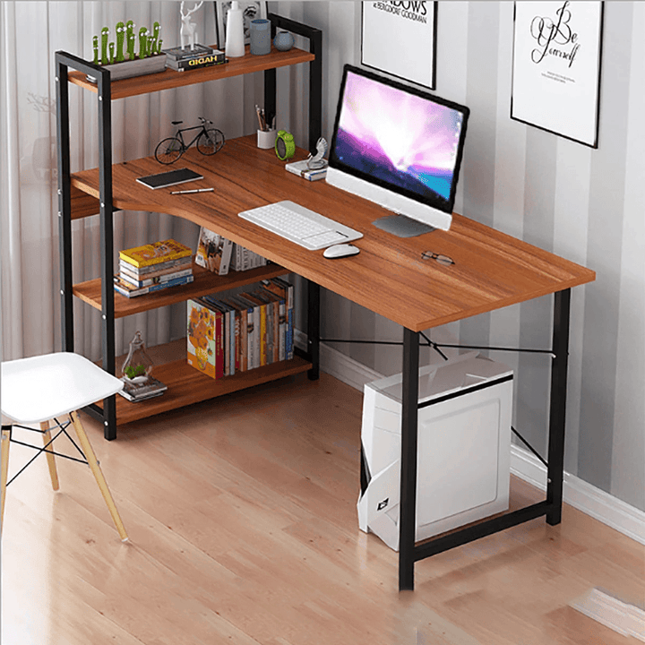 H Shape Computer Laptop Desk 47"L Modern Style Curved Straight Desktop with 4 Tiers Bookshelf for Home Office Studying Living Room - Trendha