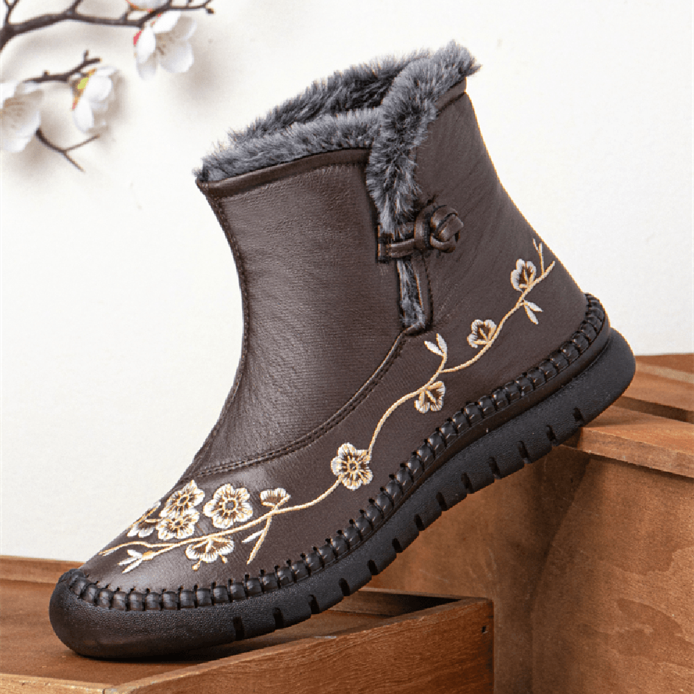 Women Solid Color Casual Retro Embroidered Warm Comfortable Soft Flat Short Boots - Trendha