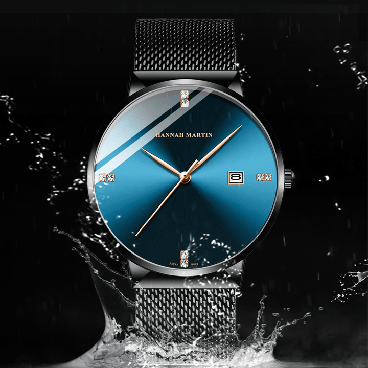 HANNAH MARTIN HM901 Business Casual Diamond Stainless Steel Mesh Strap Date Display Waterproof Men Wrist Watch Quartz Watches - Trendha