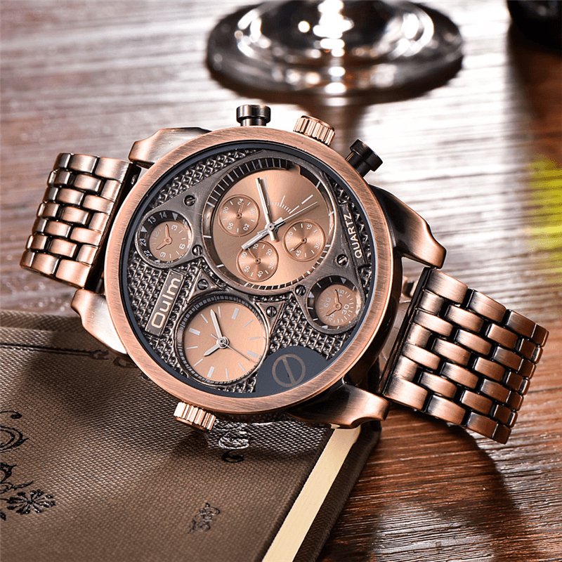 OULM 9316 Business Style Full Steel Men Wrist Watch Dual Time Zones Quartz Watch - Trendha