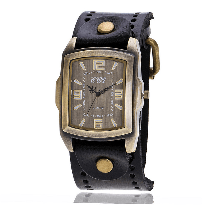 Vintage Fashion Rectangle Dial Cow Leather Wrist Watch Unisex Antique Casual Band Men Quartz Watch - Trendha