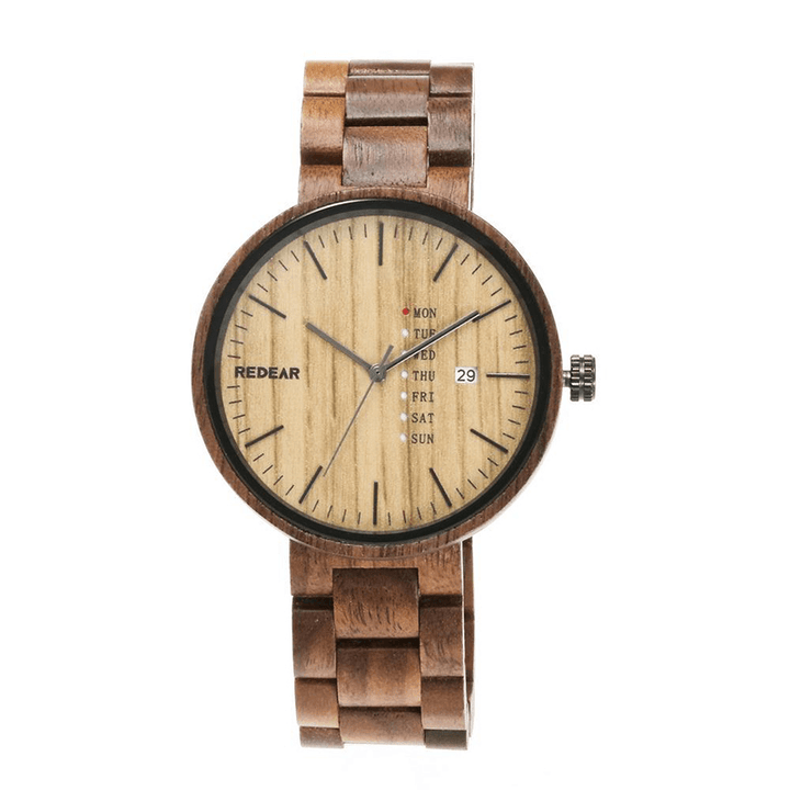 REDEAR SJ1488 Fashion Men Wooden Watch Date Week Display Wooden Strap Quartz Watch - Trendha