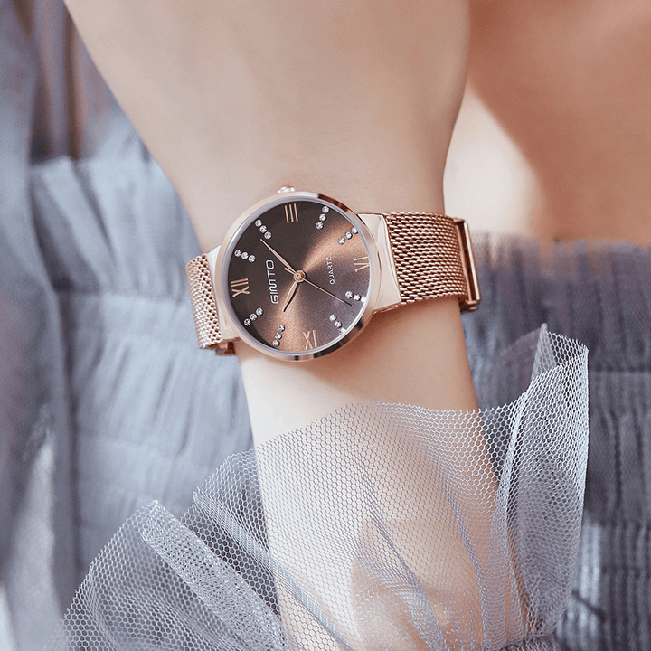 GIMTO GM616 Crystal Colorful Dial Fashion Rose Gold Mesh Steel Strap Casual Women Quartz Watch - Trendha