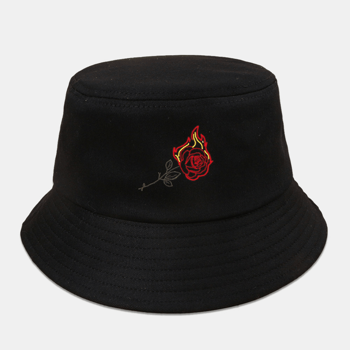 Unisex Flame Rose Embroidery Sun Hat Cotton Simple Sunscreen Bucket Hat - Trendha