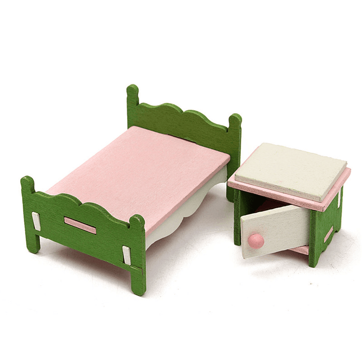 Dollhouse Miniature Bedroom Kit Wooden Furniture Set Families Role Play Toy - Trendha