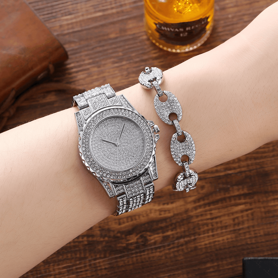 XSVO 3Pcs Full Diamond Steel Band Hip Hop Temperament Quartz Watch Rhinestone Bracelet Necklace Set - Trendha