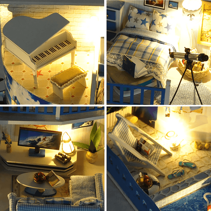 Wooden DIY Handmade Assemble Miniature Doll House Kit Toy with Furniture LED Light Music and Glass Dust Cover for Gift Collection - Trendha