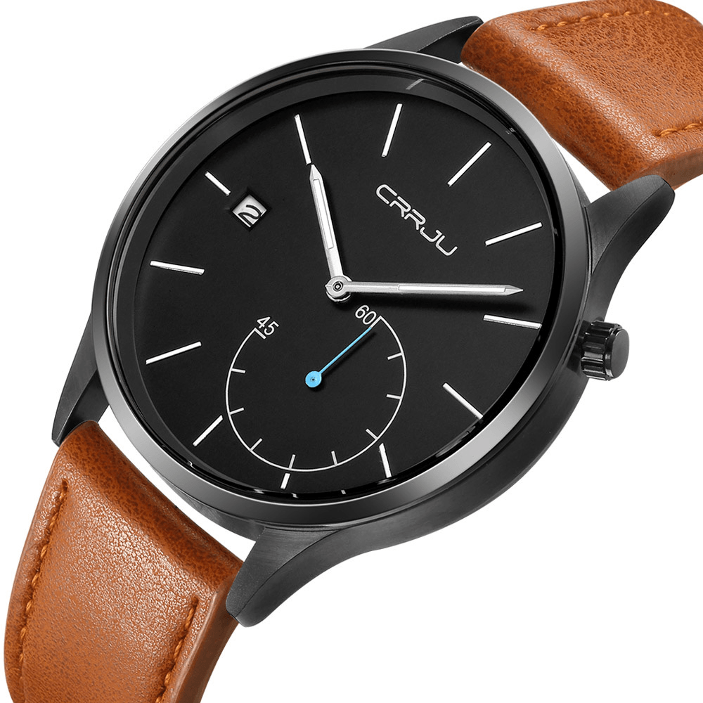 CRRJU 2129 Casual Calendar Leather Strap Working-Dials Men Wristwatch Quartz Watch - Trendha