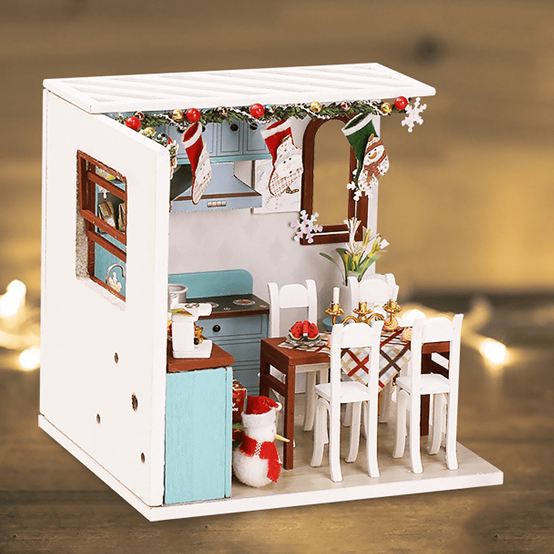 Wooden Dining Room DIY Handmade Assemble Doll House Miniature Furniture Kit Education Toy with LED Light for Collection Birthday Gift - Trendha