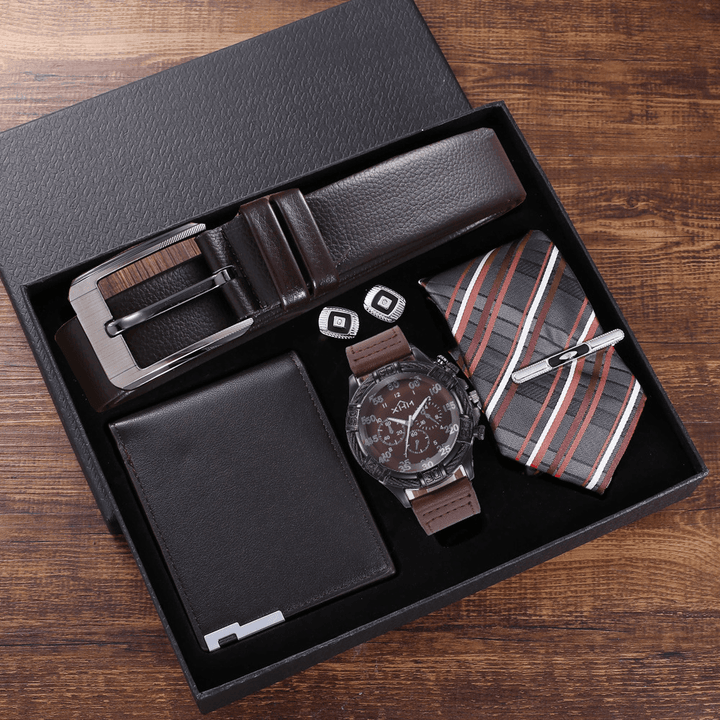 5 Pcs Men Business Watch Set Leather Quartz Watch Belt Wallet Cufflinks Tie Gift Kit - Trendha