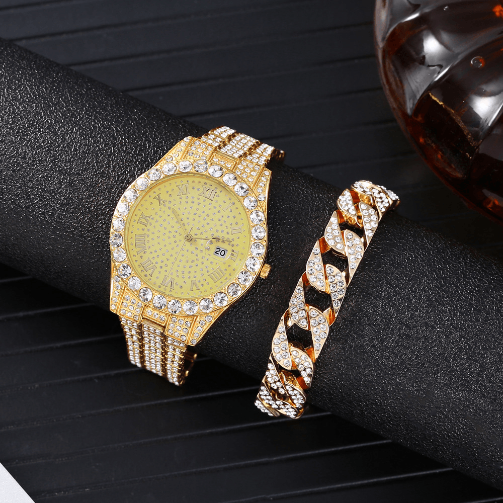 Fashion 2 Pcs/Set Alloy Diamond Business Watch Decorated Pointer Quartz Watch Bracelet - Trendha