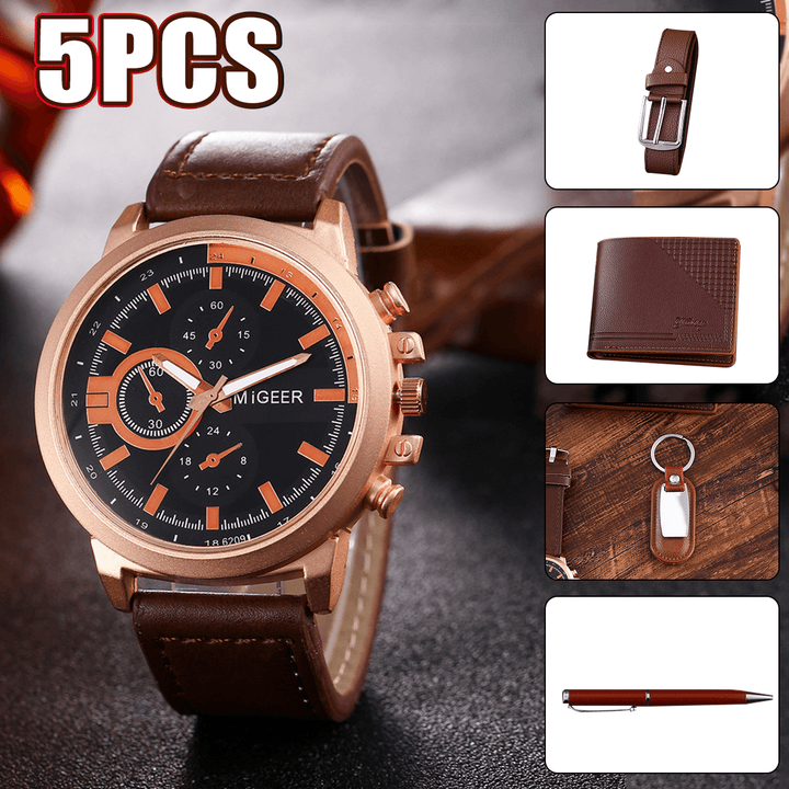 5PCS Fashion Gift Set Business Large Dial Quartz Watch+Pen+Belt+Key Chain+Wallet - Trendha