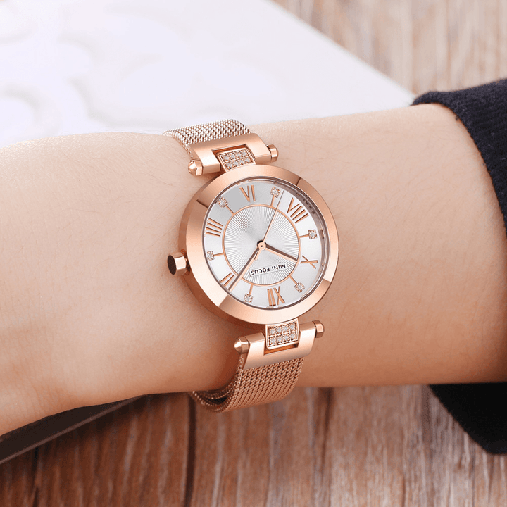 MINI FOCUS MF0215L Casual Rome Number Design Waterproof Mesh Steel Quartz Watch Women Watch - Trendha