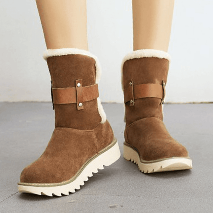 Plus Size Women Suede Fabric Belt Buckle Slip Resistant Short Snow Boots - Trendha
