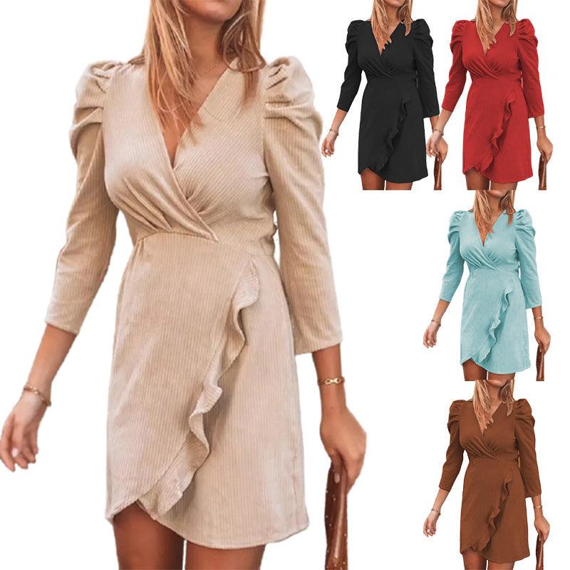 Solid Color V-neck Long-sleeved Ruffled Women's Dress - Trendha