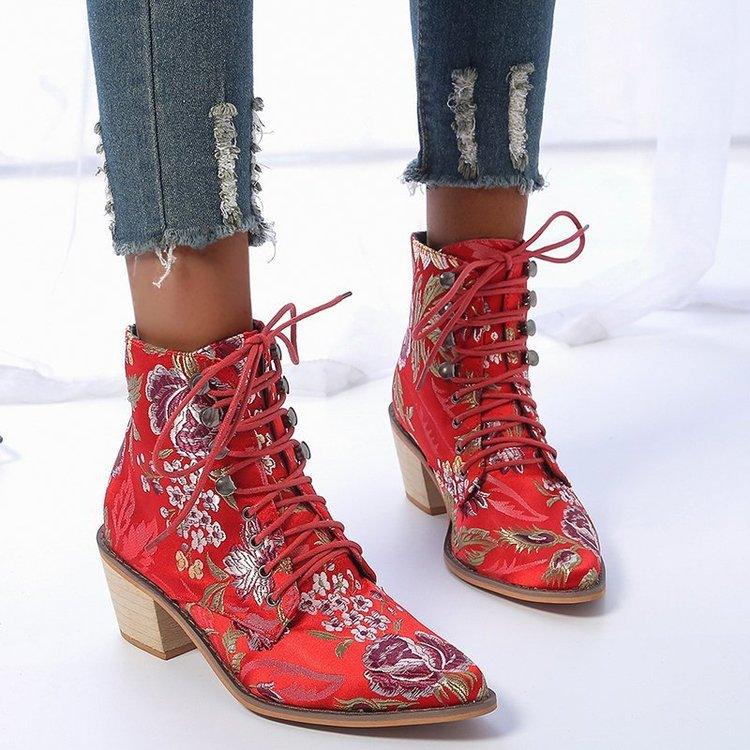 Women's Short Boots with Pointed Thick Heels, Ethnic Style, and Lace Embroidery - Trendha