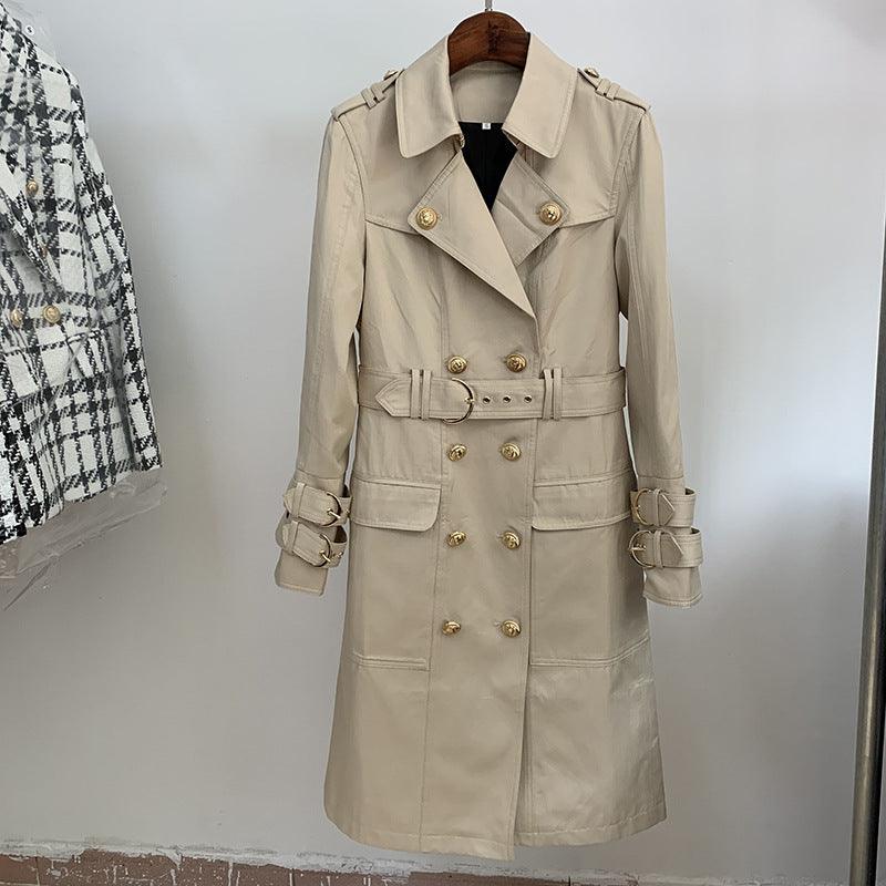 Buckle double-breasted belted long trench coat - Trendha
