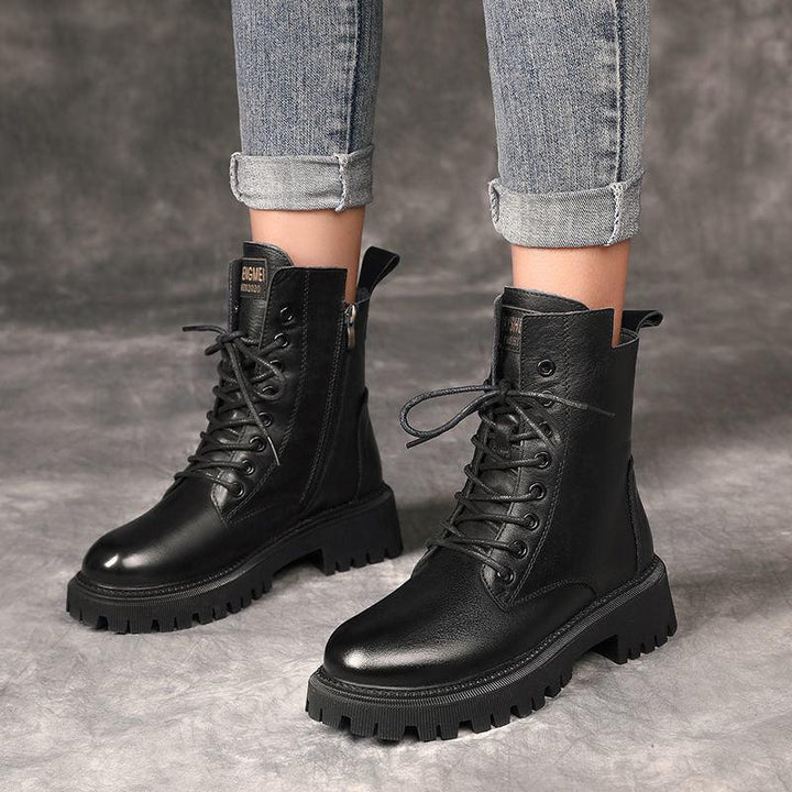 British Thick-soled Lace and Velvet Mid-cut Knight Boots - Trendha