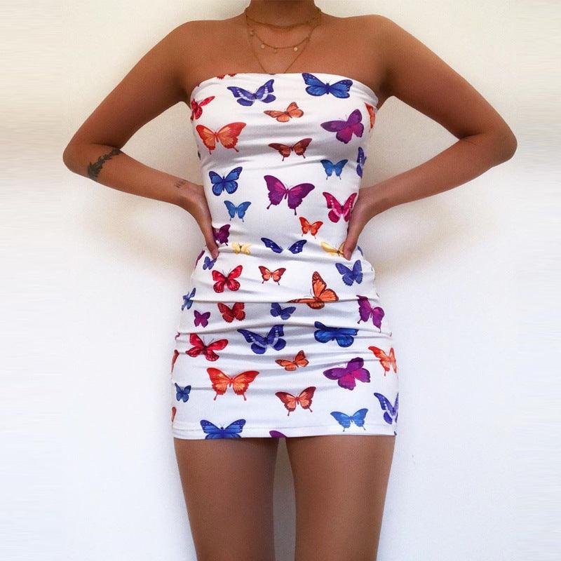 Off-the-shoulder tube top butterfly print dress - Trendha