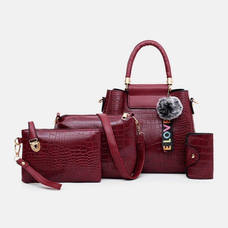 Women 4PCS Casual Handbag Solid Crocodile Pattern Fluffy Ball Shoulder Bag - Trendha