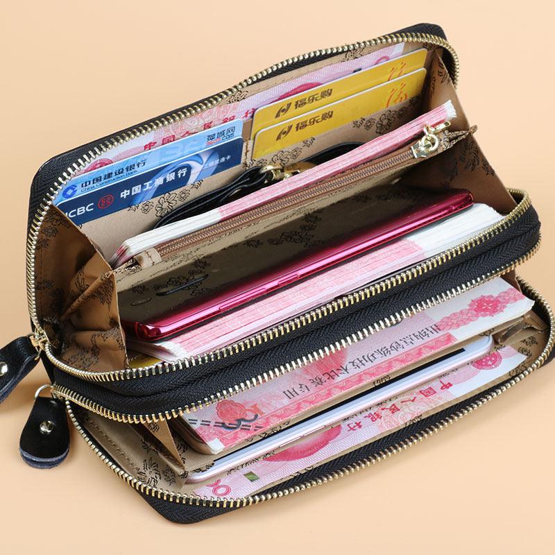 Oil Wax Leather Wallet Women Long Double-layer Zipper Large-capacity Hand Wallet Coin Purse - Trendha