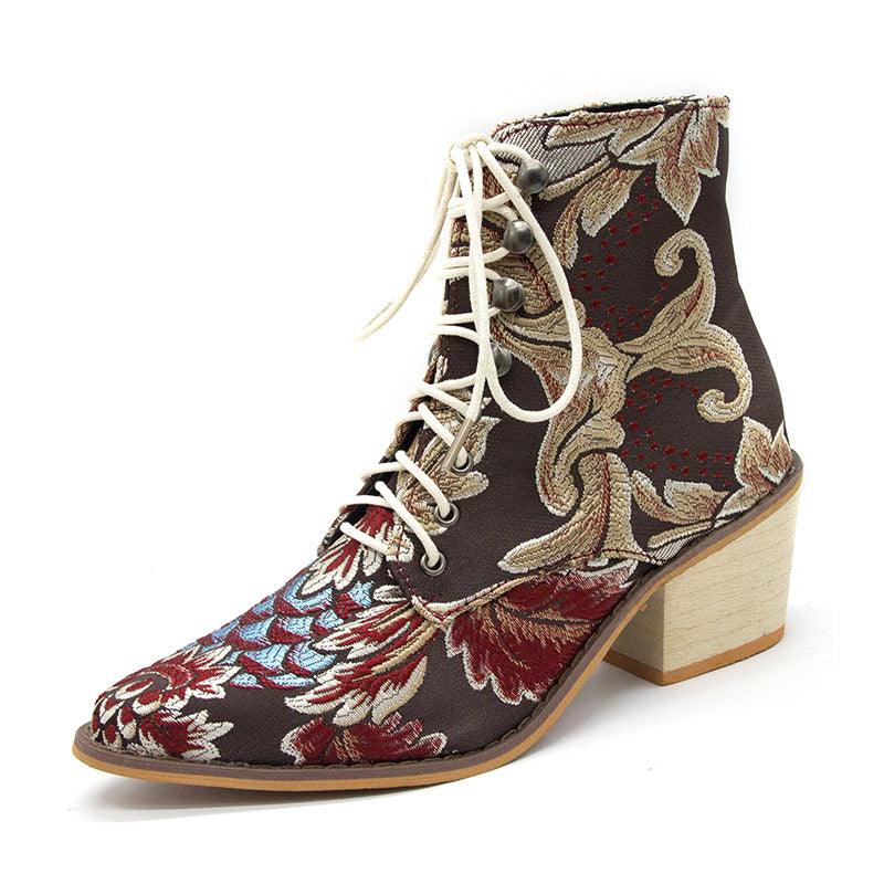 Women's Short Boots with Pointed Thick Heels, Ethnic Style, and Lace Embroidery - Trendha