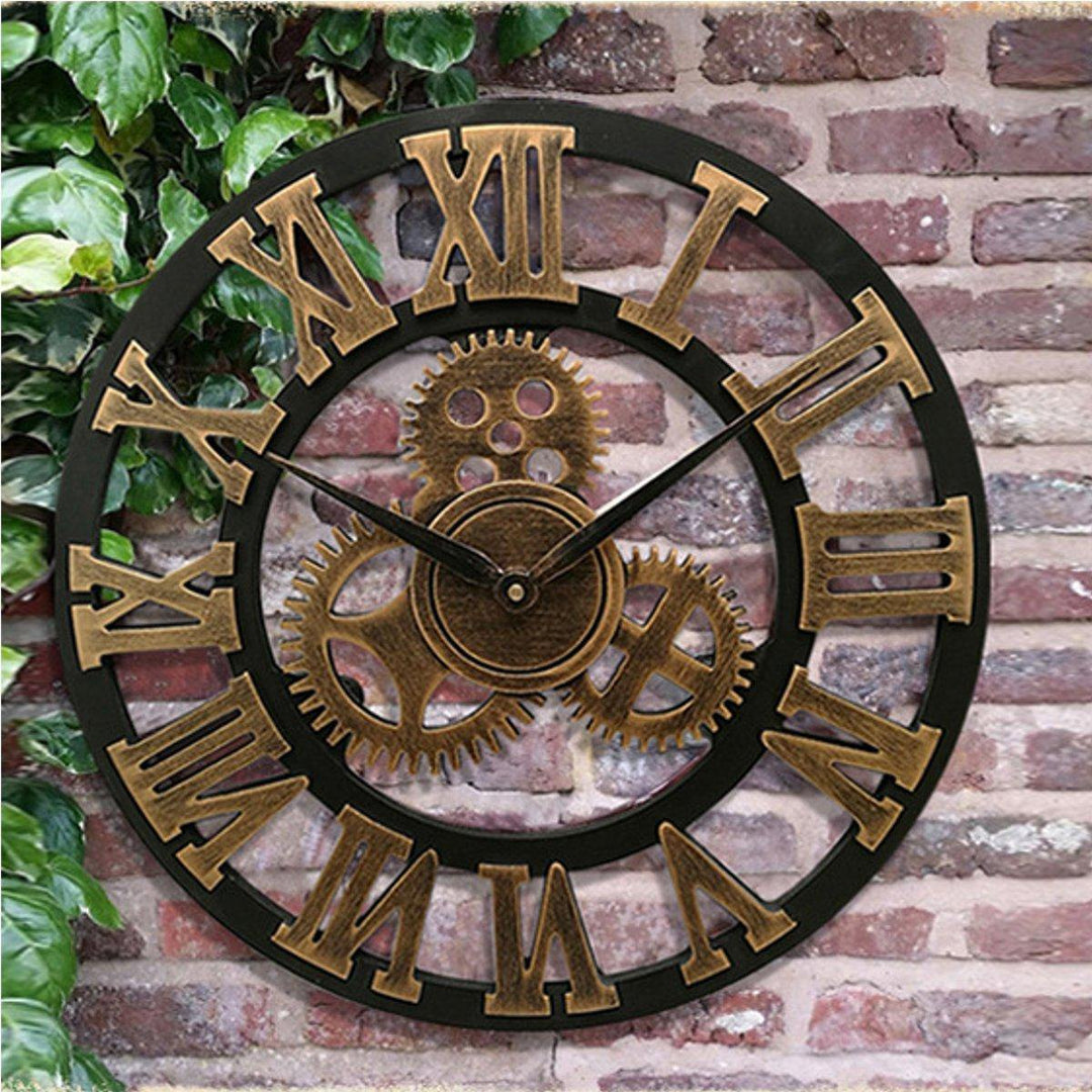 19 Inch Antique Roman Numerals Silent Wall Clock Rustic Wheel Gear Wooden Decor Clock - Trendha