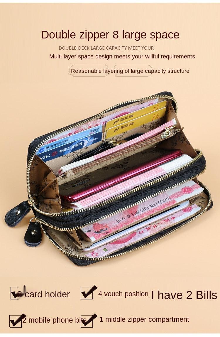 Oil Wax Leather Wallet Women Long Double-layer Zipper Large-capacity Hand Wallet Coin Purse - Trendha